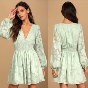 Lulus Dress Tomorrow and Always Sage Green Floral Mini Dress Feminine Sz Medium